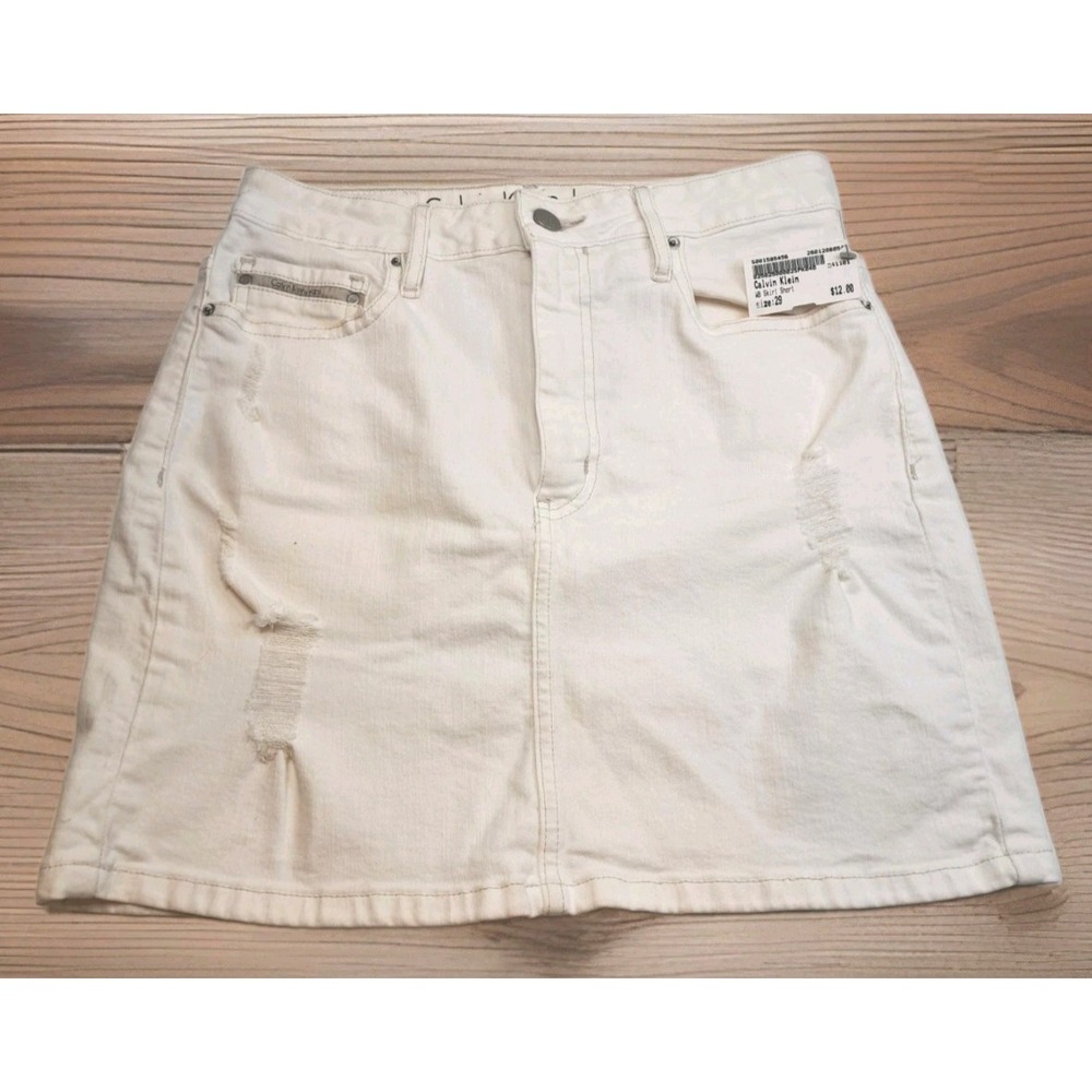 Calvin Klein Denim Mini Skirt Womens 29 White Good Distressed Stretch Mid Rise